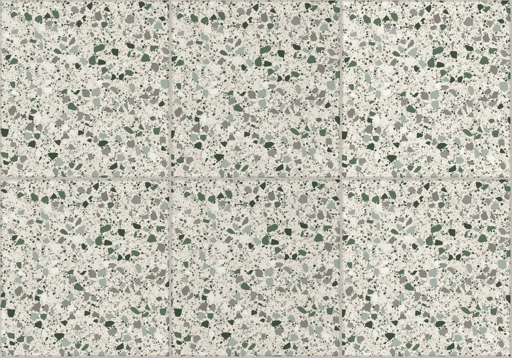 Venetian Sage Terrazzo laid as a floor, showing the pattern across several pieces